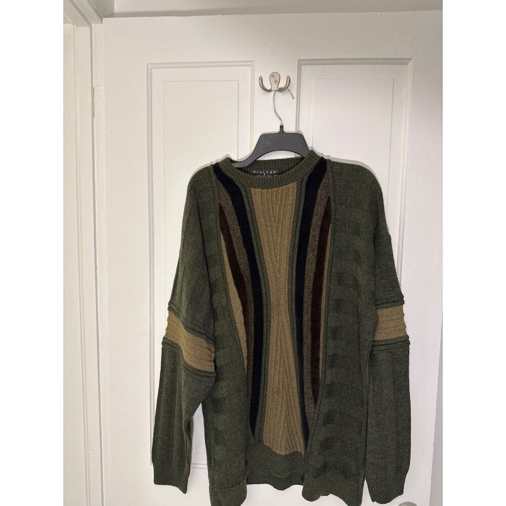 Vintage Protegé Coogi style Collection XXL Green & Beige Striped Knit Sweater